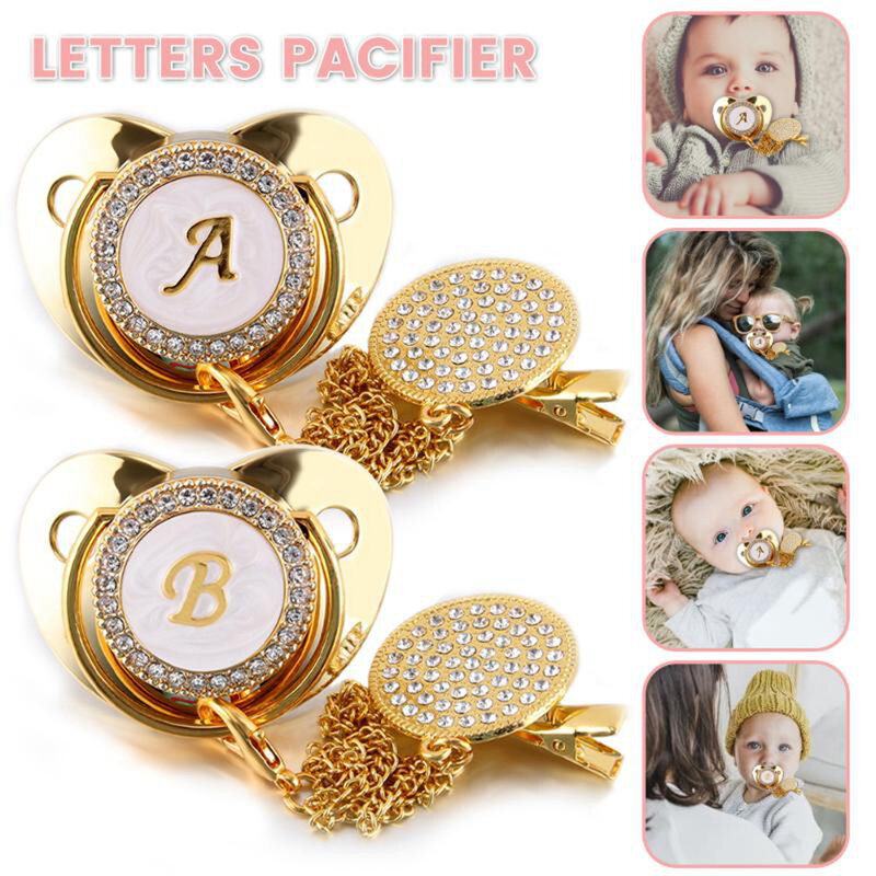 Chupete personalizado con clip para bebé, chupón infantil de silicona sin BPA para recién nacidos, diseño dorado con brillantes, 26 letras de iniciales de nombres