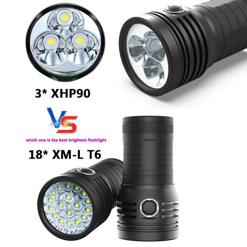 Powerful LED 3pcs XHP90.2 Flashlight Super Tactical 3 Mode Torch USB Rechargeable 18650 Battery Lamp Ultra Bright Linterna Black