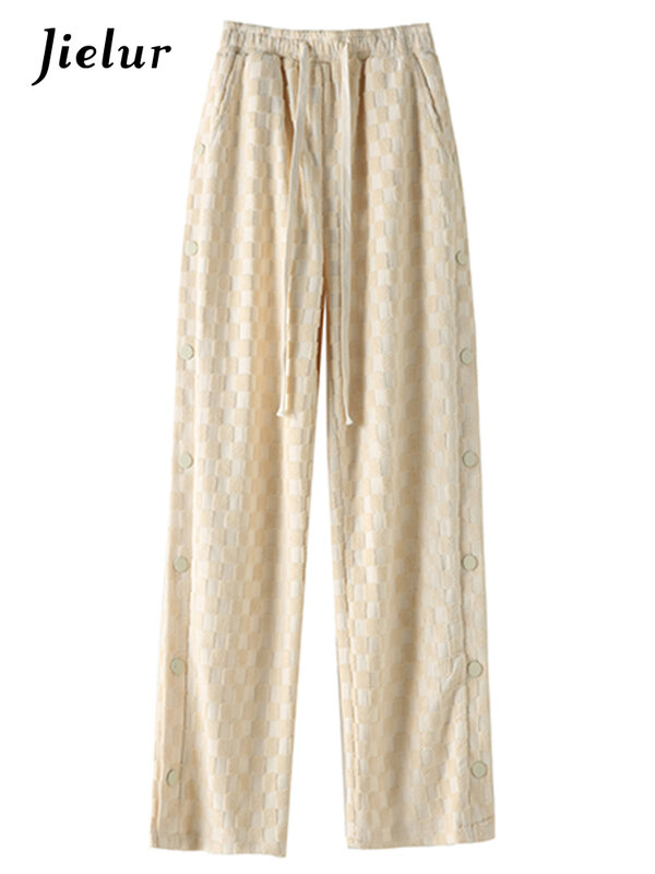 Jielur-pantalones de chándal con estampado de albaricoque para mujer, pantalón de cintura alta, color rosa, drapeado, holgado, informal, a cuadros, S-XL