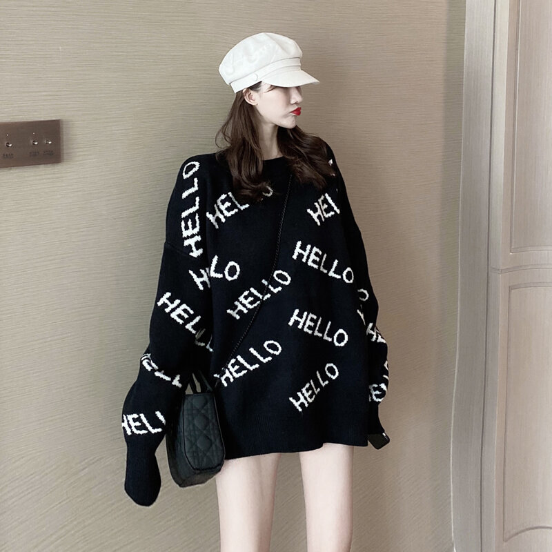 Long Sleeve Round Neck Womens Sweater Fashion korean Green Sweater Loose Hello Letter Casual Long Pullover Sweater 304G