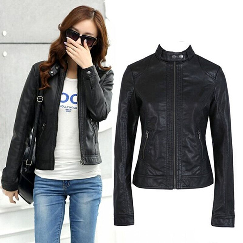 Women Leather Jacket Single Pimkie Washed PU Motorcycle PIMKIE Slim Female Soft Large Size Loose S-XXXL