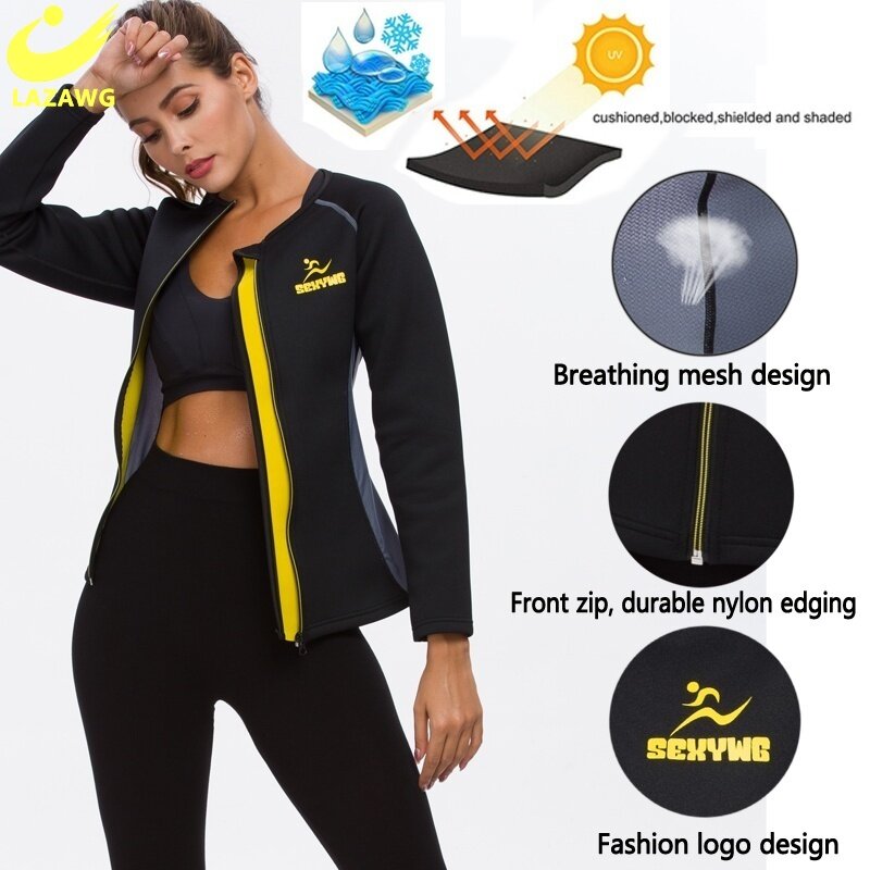 LAZAWG Women Sweat Sauna Suit Neoprene Body Shapers gym Workout Corset Heat Slimming Waist Trainer Shirt zipper Long Sleeve Tops