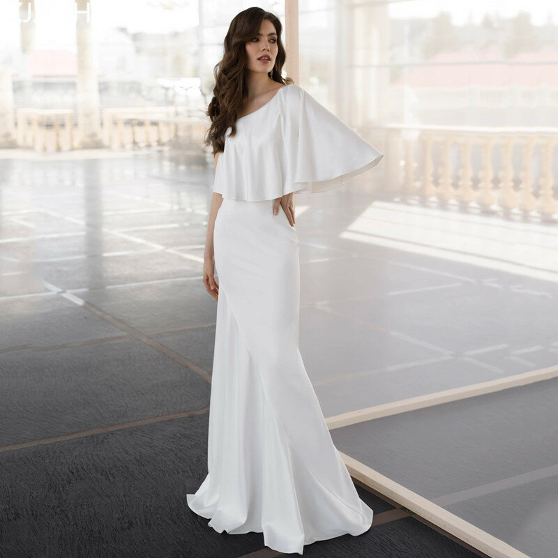 Simple One Shoulder Half Sleeve Pleat Satin Zipper Floor Length Mermaid Prom Gown Evening Dress Vestidos De Noche