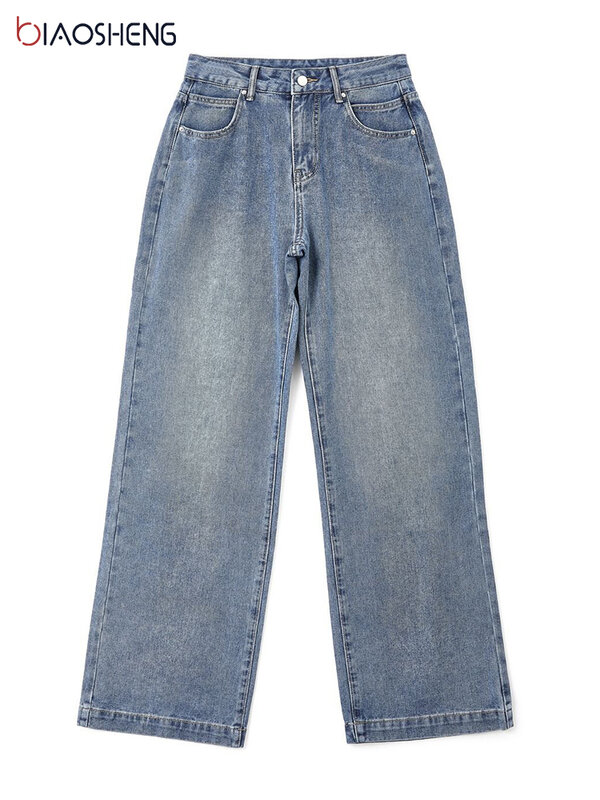 Jeans Wanita Antik 90S Celana Denim Lurus Longgar Y2k Pakaian Celana Panjang Kasual Kaki Lebar Longgar Pinggang Tinggi Streetwear Wanita