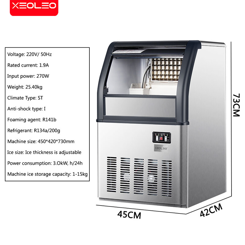 Xeoleo-máquina comercial de gelo, 50kg/24h, aço inoxidável, máquina de fazer gelo, 10kg de armazenamento para bolhas, chá/café/bar