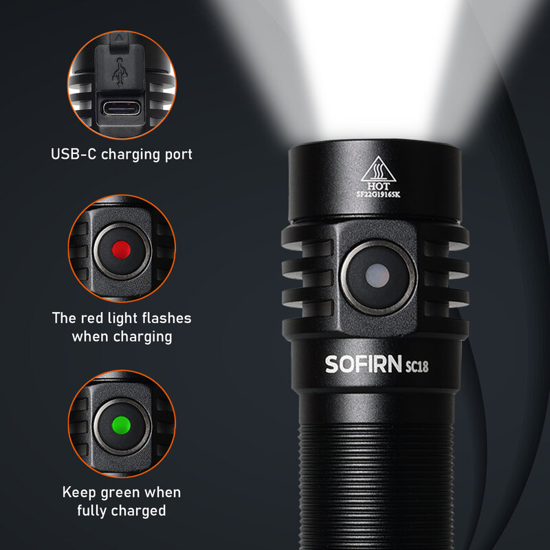 Sofirn sc18 1800lm edc lanterna usb c recarregável sst40 led 18650 tocha tir óptica lente lanterna com indicador de energia