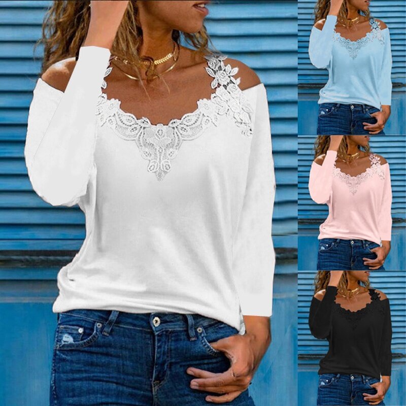 2023 Women Fashion S-3XL Pink T-Shirt Casual Blouses Lace Stitching Cold Shoulder Long Sleeves Spring and Autumn Tops