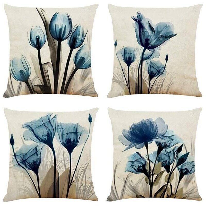 Decorative Throw Pillow Covers Blue Flower Cushion Covers Linen Square Throw Pillow Cases For Living Room Pillowcases