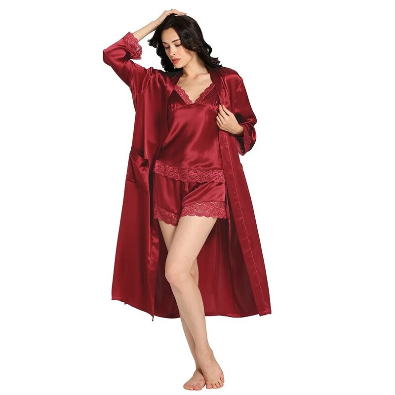 100% camisola & robe 3 peça conjunto para mulher 22 mm amoreira seda pura sexy sleepwear senhoras de luxo rendas lingerie confortável