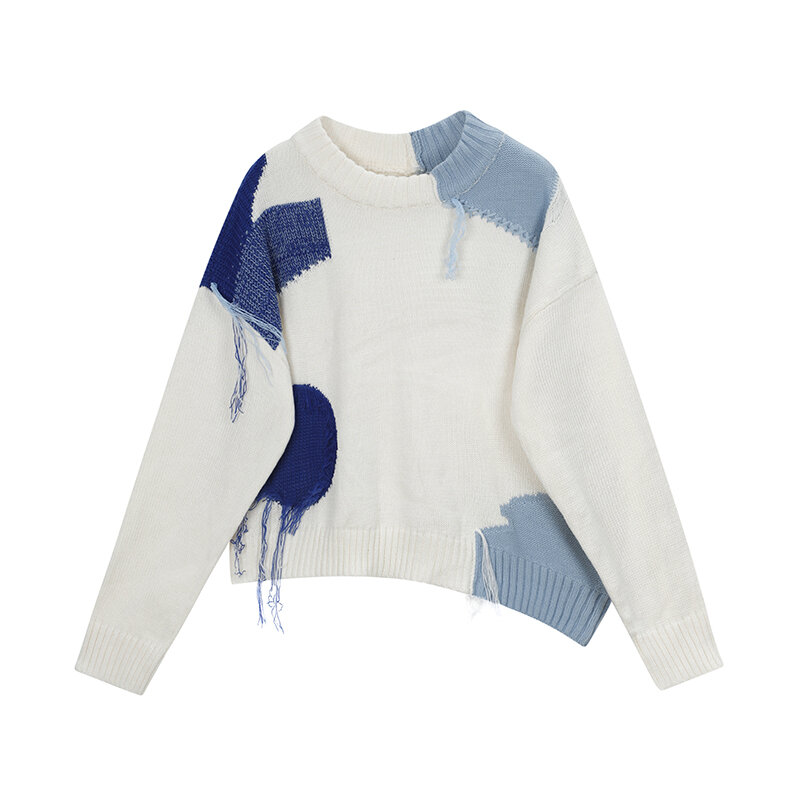 2022  Korean Women's Sweater Tassel Trendy Cropped Contrast Color Spliced Retro Rib  Knitwear Knitted Top Patchwork