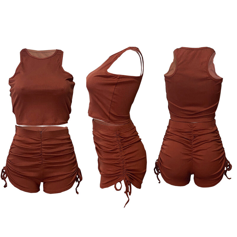 2PCS/Set Sexy New Ladies Summer 2022 Tank Top High waist zipper Shorts Pleated Casual Two-piece Set