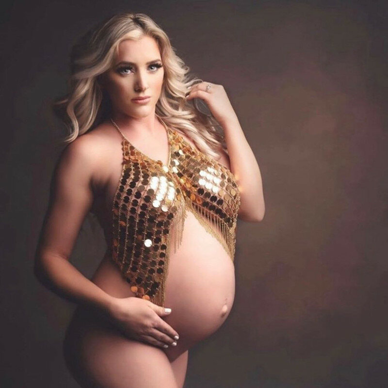 Mutterschaft fotografie Requisiten Zubehör Punk-Stil Neck holder Tops für Schwangerschaft Fotoshooting Quasten Pailletten Mutterschaft Tops