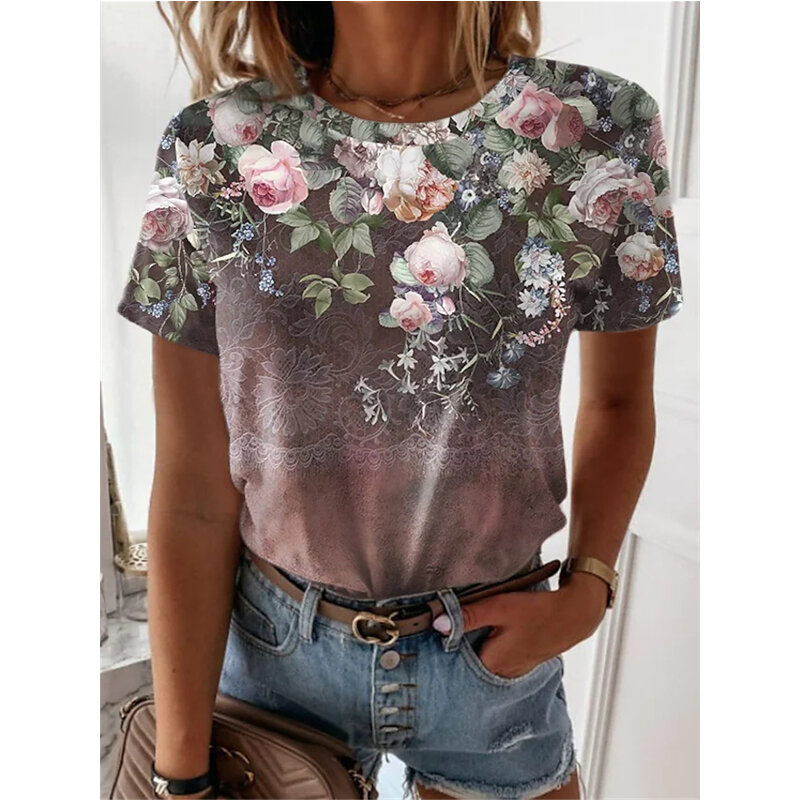 2022 New Ladies Short Sleeve Fashion Floral Cyan 3D Printing Summer Outdoor Street Women Comfortable Round Neck T-Shirt Top