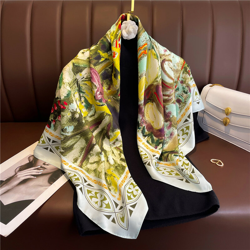 Bufanda cuadrada de sarga de seda para mujer, Bandana musulmana de lujo de 90cm, pañuelo para el cuello, moda 2022