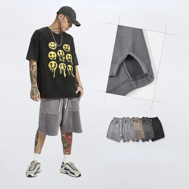 Y2k Solid Baggy Jean Shorts 2022 Summer Men Tide Brand Stitching Sweatpants Daily High Street Casual Retro Five-point Pants
