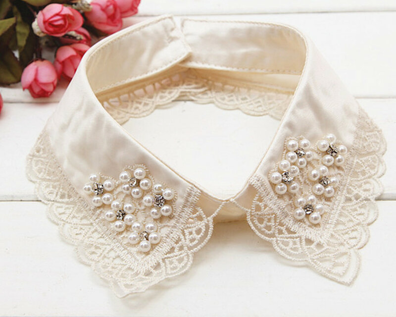 Women Fake Collar Shirt Detachable Collars With Pearls Decoration Ladies Lace Necklaces Collar 