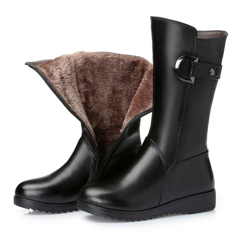 AIYUQI-Botas de nieve de piel auténtica para mujer, zapatos planos de lana, cálidos, para motocicleta, talla grande, Invierno
