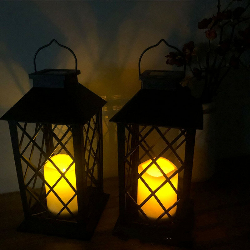 Retro Solar Powered Lamp Hanging Lanterns Warm Light Hollow Outdoor Solar Lights with Handle Outdoor Garden Lights Xmas Decor