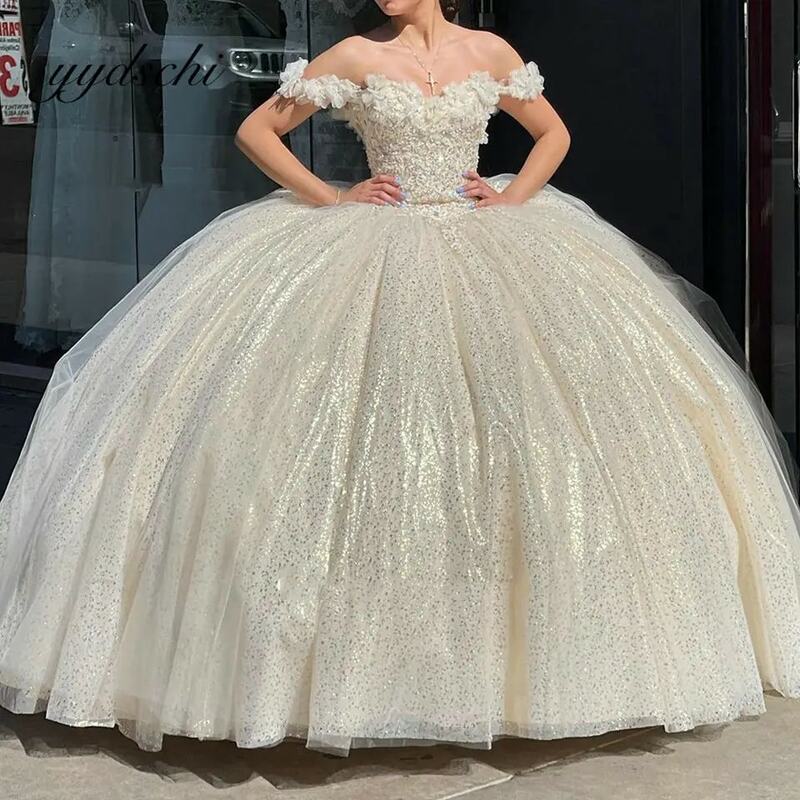 2023 Champagne Flowers Crystal Quinceanera Dress Ball Gown Off The Shoulder Appliques Lace Pageant Birthday Party Sweetheart 15
