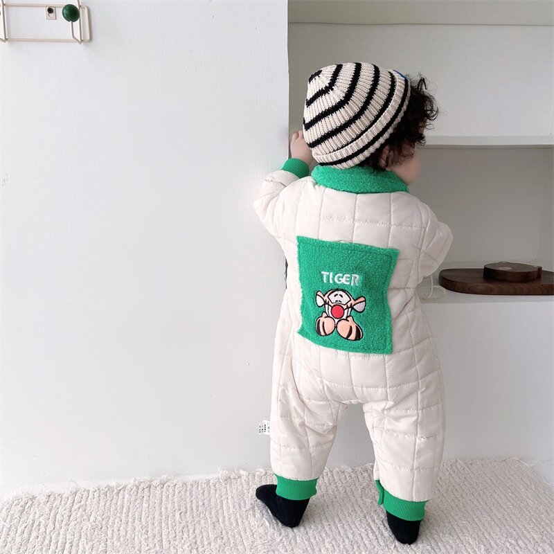 Neue Winter Baby Strampler Tiger Stickerei Kleinkind Fleece Farbe Kontrast Revers Overall Infant Outwear Dicke Warme Stück