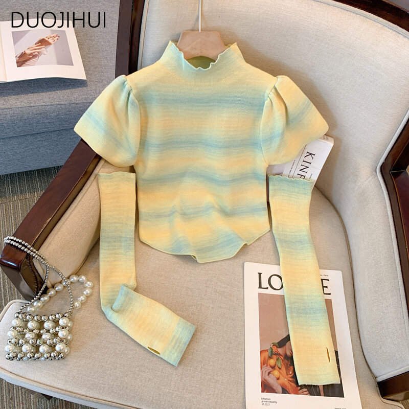 DUOJIHUI Grey New Chic Striped Sexy Hollow Out Female Pullovers Korean Simple Slim Waist Fashion Contrast Color Women Pullovers