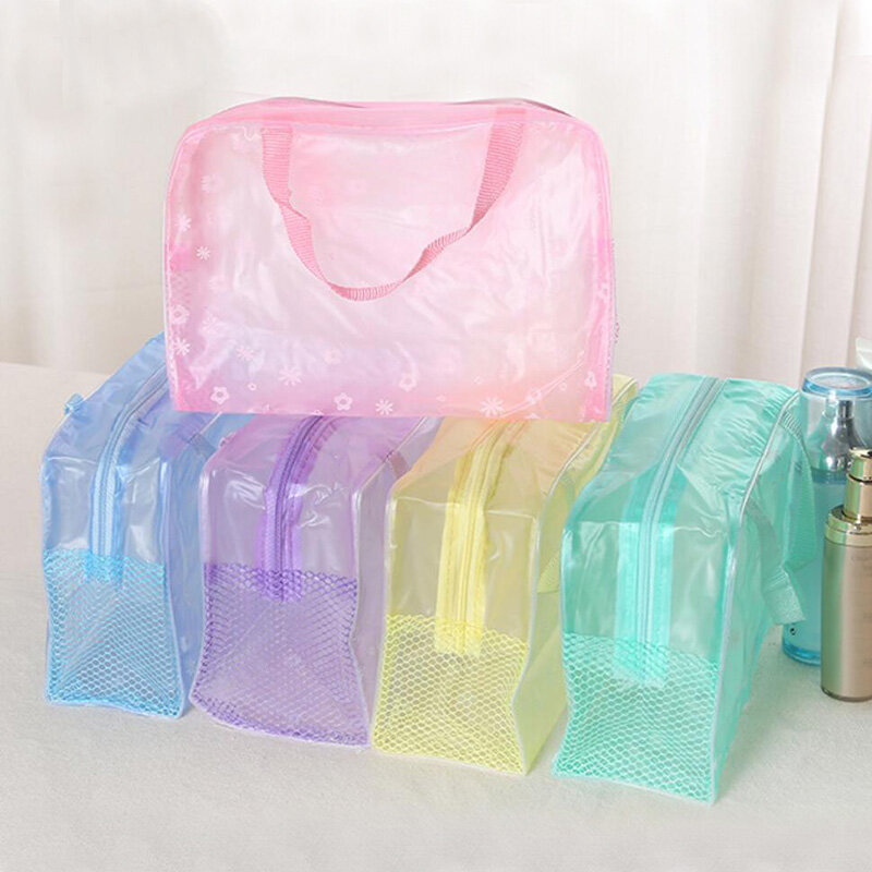 Bolsa de cosméticos transparente de PVC para mujer y niña, estuche de belleza impermeable con cremallera, neceser de viaje, 1 ud.