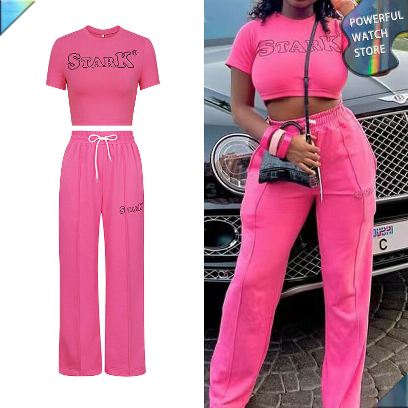 Fashion Sports Two Piece Women Casual Printing Letter T-shirt 2023 Summer Short Sleeve Top Suit Loose Drawstring Pink Pants Gym