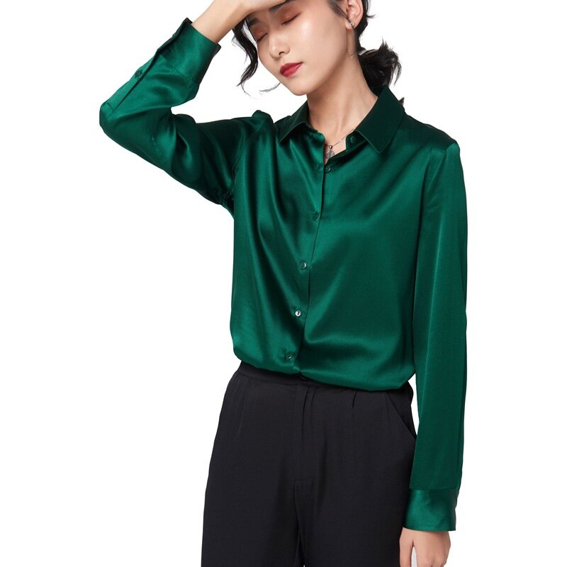 Camisas de seda de alta calidad para mujer, blusa elegante de seda china de 19mm, color Natural puro 100% Charmeuse, manga larga brillante