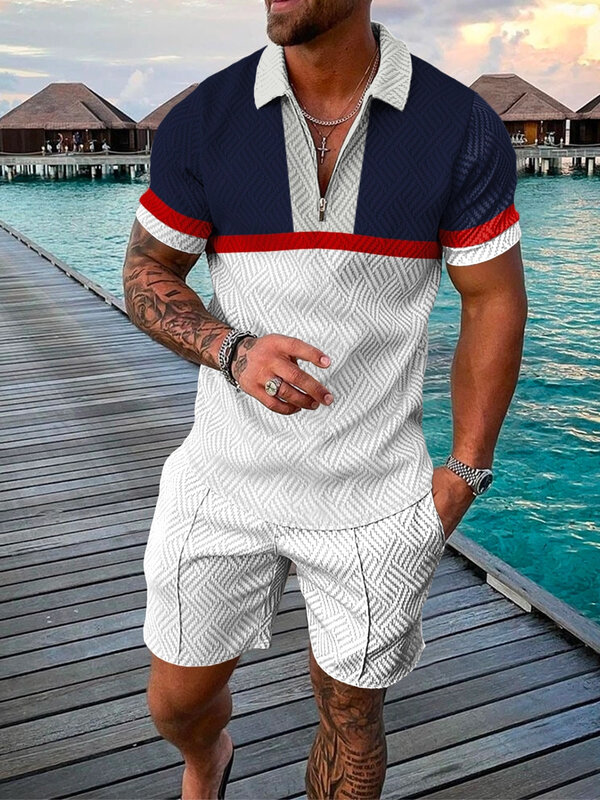 新夏メンズポロtシャツセット男性スリム3D-Printedポロスーツストライプポロシャツ快適なショーツv襟の男性の服