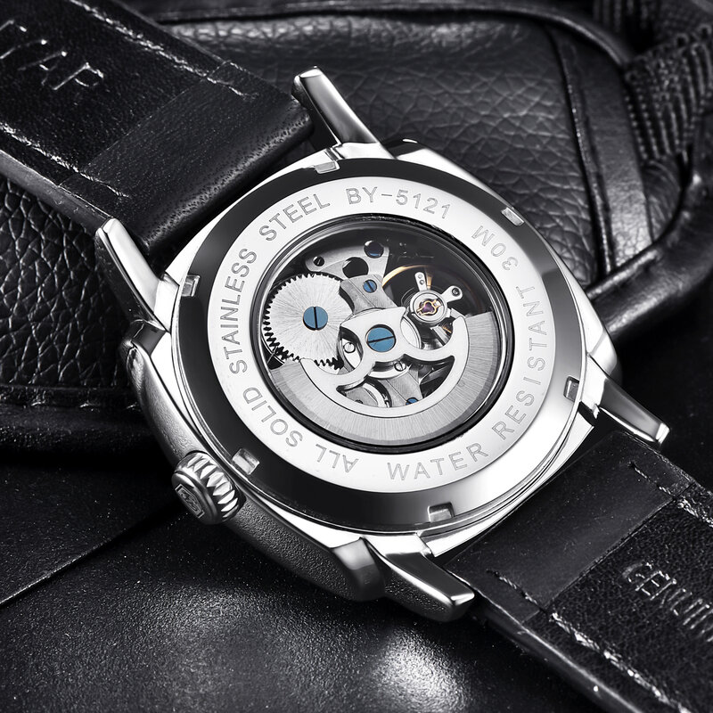 ผู้ชายอัตโนมัตินาฬิกานาฬิกาโครงกระดูกนาฬิกาข้อมือแฟชั่นกันน้ำสแตนเลสหนังสายคล้อง