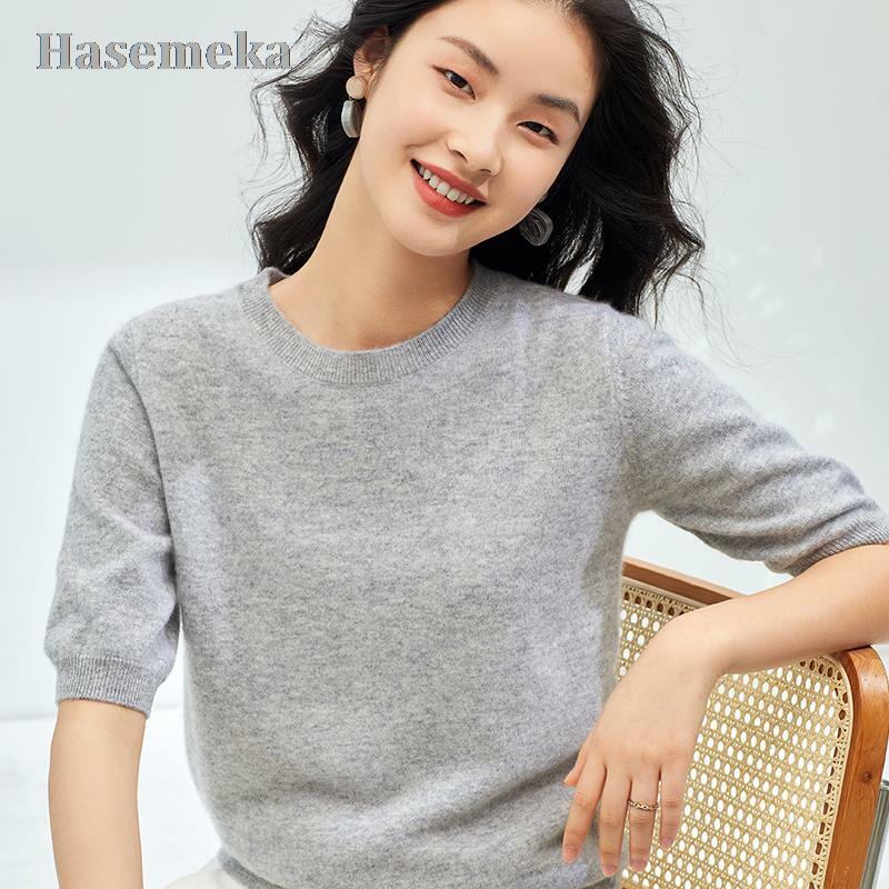 Suéter de cachemira de manga corta con cuello redondo para mujer, ropa informal tejida