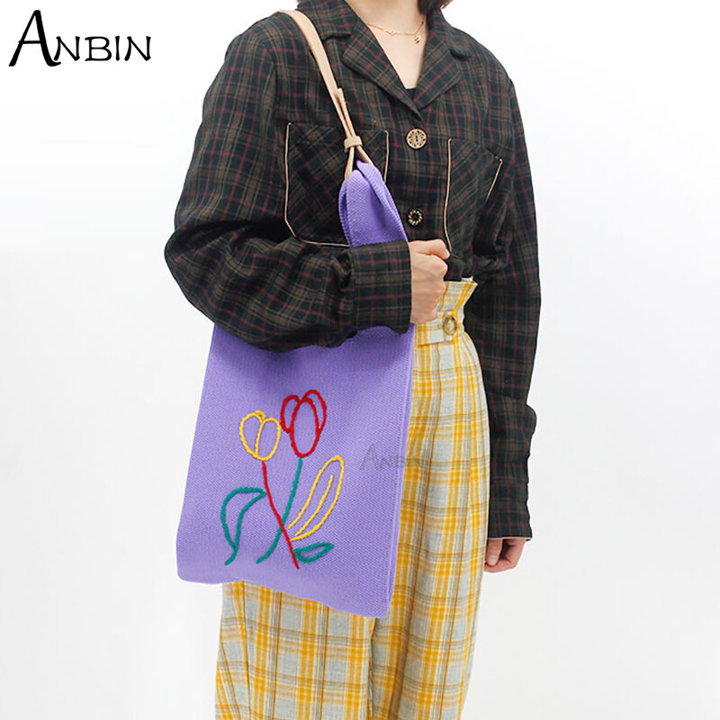Женская вязаная сумка с цветком тюльпана и вышивкой крючком, сумка с ручкой сверху, модная тенденция, эстетическая сумка-шоппер, винтажные д...