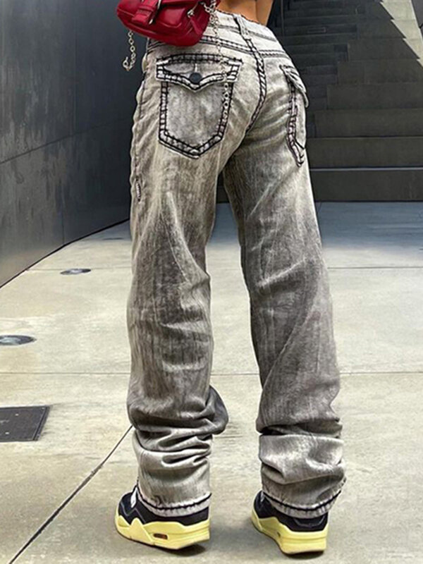 Iamsure gradiente impresso grandes bolsos em linha reta jeans casual streetwear calças de cintura baixa feminina 2022 outono inverno calças senhoras