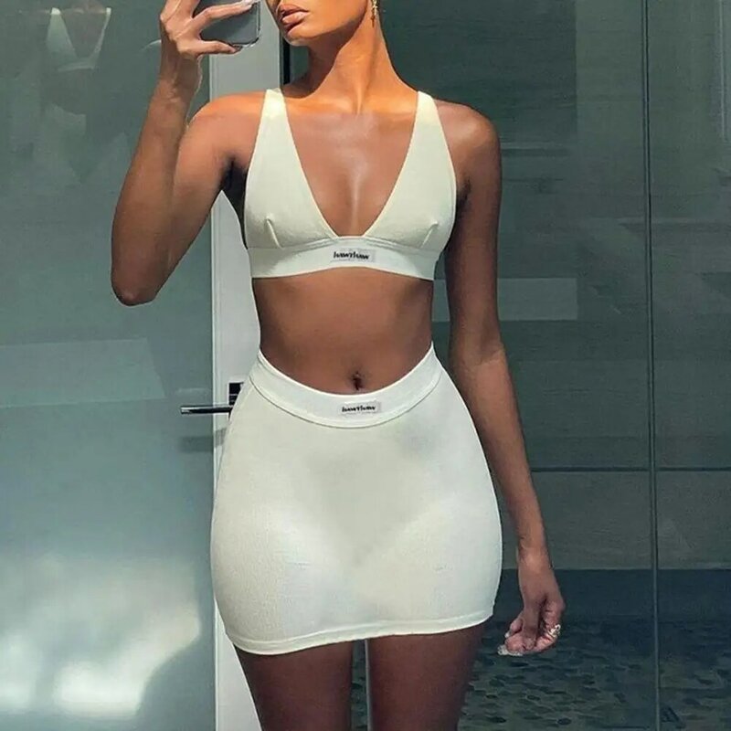 2022 Top Skirt Suit Slim V Neck Solid Color Summer Women Tube Top Bodycon Mini Skirt Set Womens Outfits