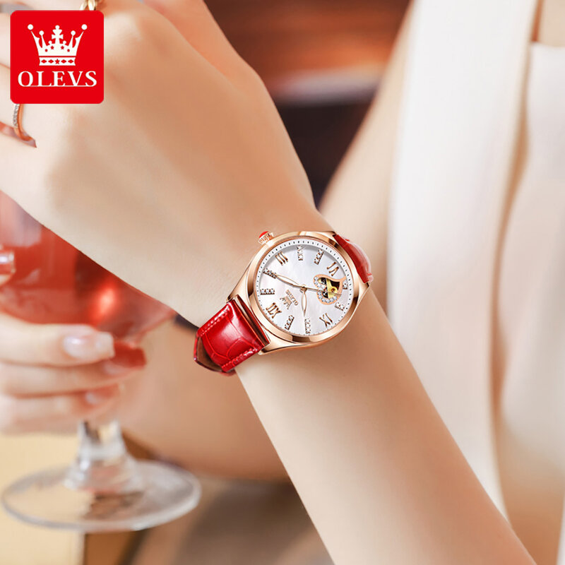 OLEVS كامل التلقائي ساعة يد نسائية أنيقة التلقائي الميكانيكية مقاوم للماء Corium حزام ساعة للنساء مضيئة