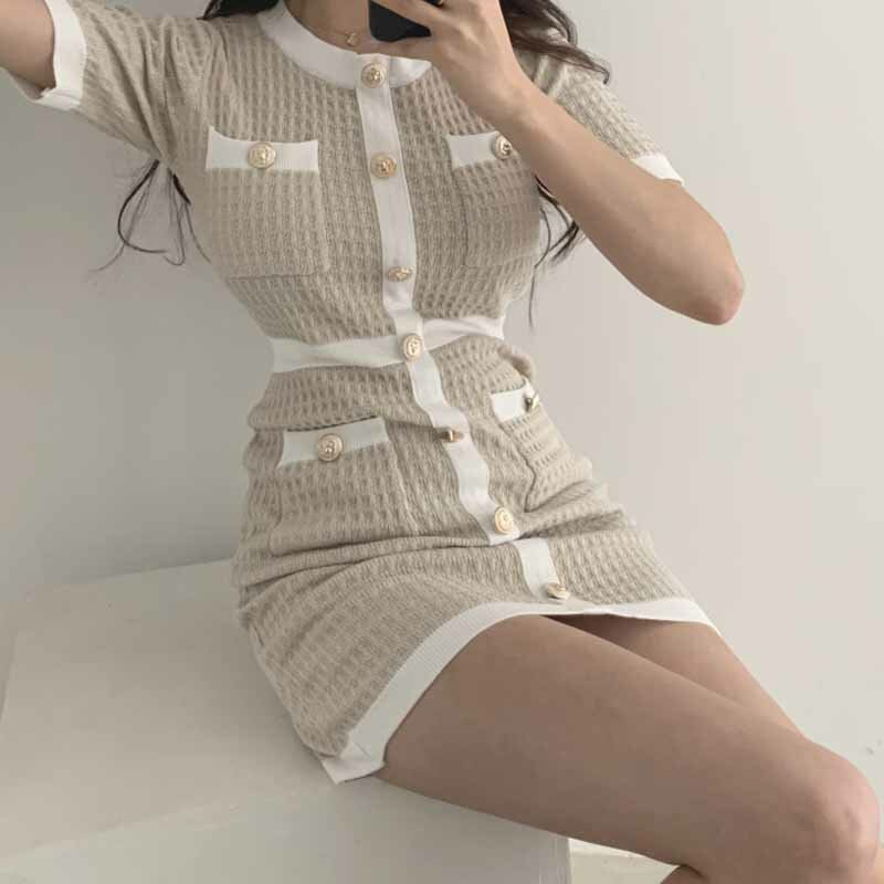 Robe de soirée en laine coréenne tricotée, moulante, Mini, à boutons, Slim, élégante, été, 2022, 12105