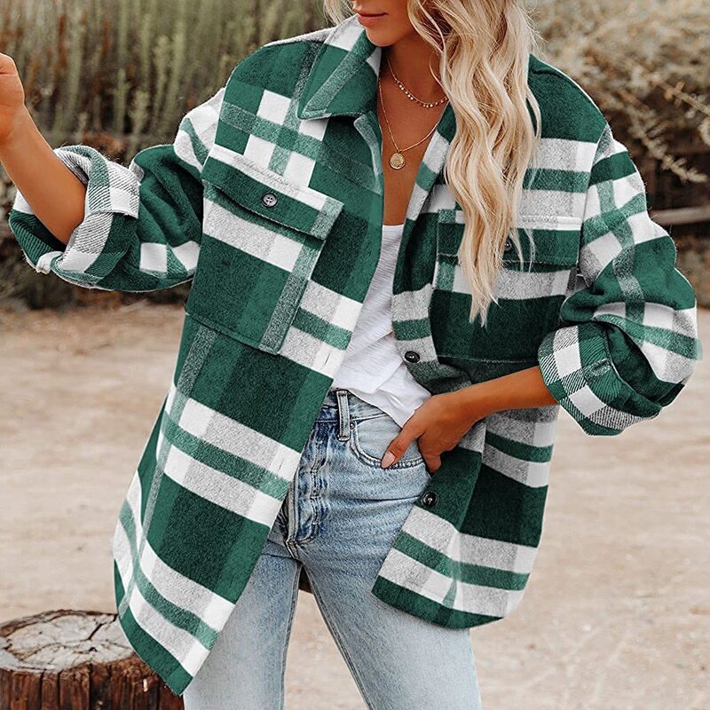 Autumn and Winter Women's Commuting Long Sleeved Single Breasted Loose Plaid Shirt Woolen Jacket