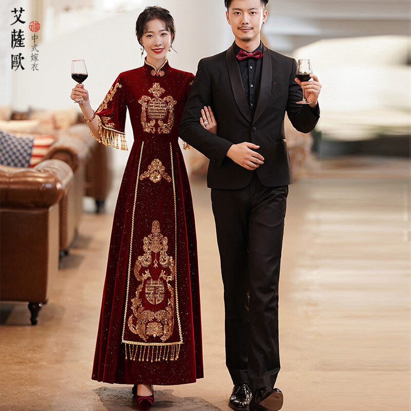 Vestido Retro de manga corta para mujer, vestido de terciopelo rojo vino, boda, compromiso, banquete, primavera y verano, novedad de 2022