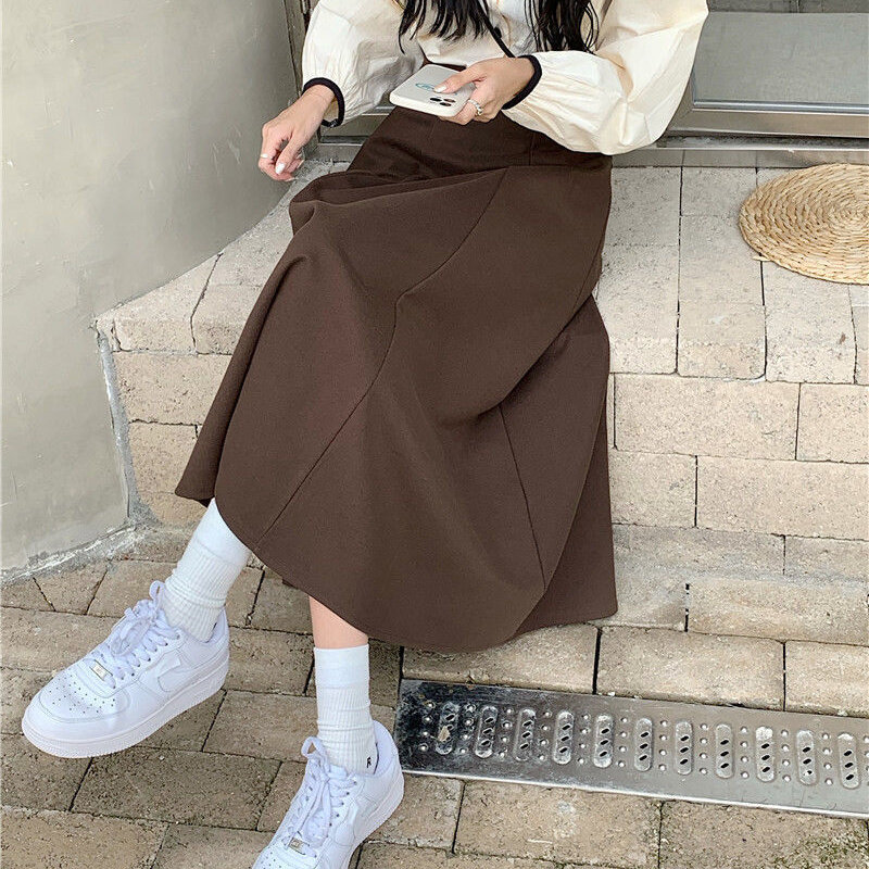 Falda larga Midi de línea a para mujer, falda lisa que combina con todo, cintura elástica francesa suave, ropa para mujer, Faldas de estilo imperio coreano de otoño