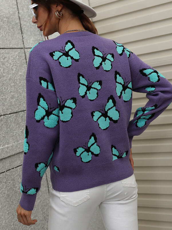 Y2K-suéter con estampado de mariposa para mujer, Jersey de punto de manga larga, Tops elegantes para mujer, Jersey suelto, Otoño e Invierno