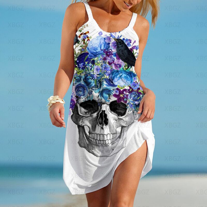 Y2k Dresses for Women 2023 Sling Women's Summer Dress Boho Woman Sleeveless Sexy Party Skull Flower Beach Gothic Clothing S-5XL