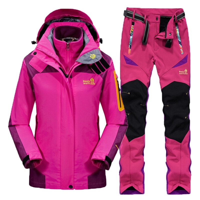 Set 3-In-1 Celana Jaket Hiking Wanita Musim Dingin Mantel Tahan Angin Tahan Air Termal Setelan Ski Berburu Memancing Pakaian Olahraga Luar Ruangan