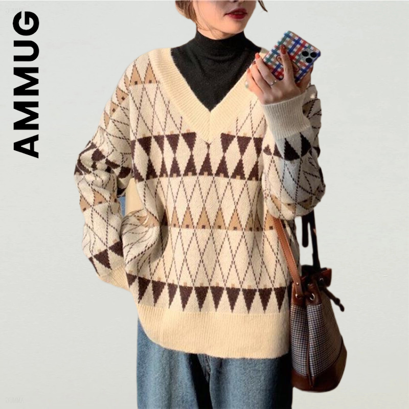 Ammug V Neck sweter damski nowy sweter z dzianiny na wszystkie mecze sweter ciepły Harajuku swetry damskie 2022 Casual bluzki damskie