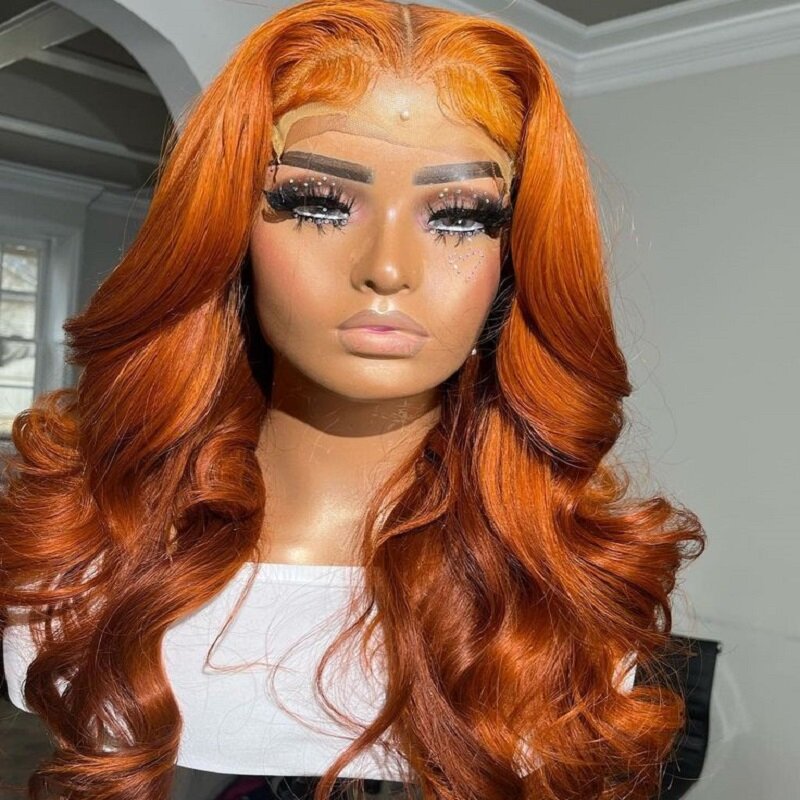Miękkie bezklejowe 26-calowe, imbirowe, pomarańczowe fale do ciała europejskie ludzkie włosy koronkowa peruka na przód 13x4 dla kobiet