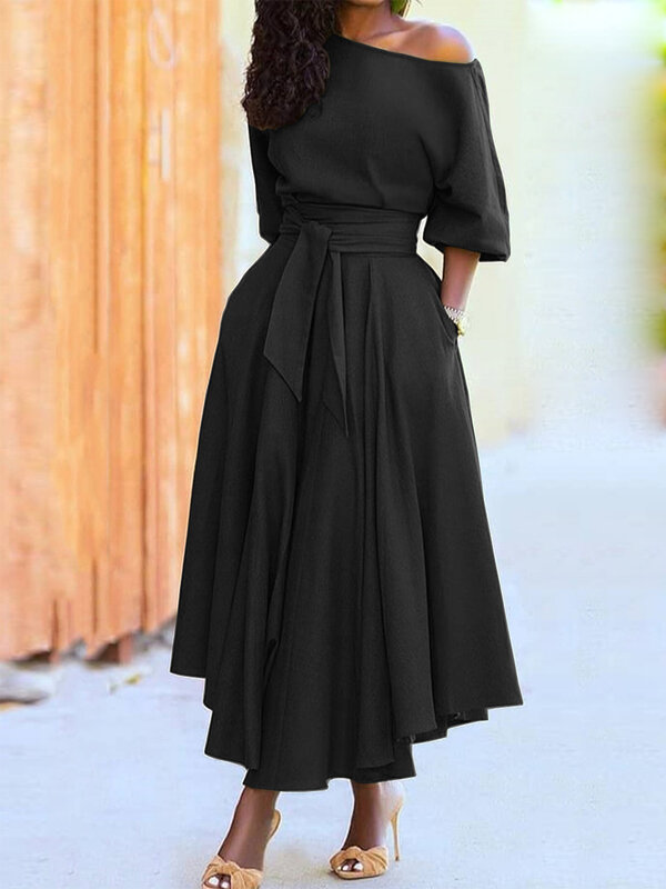 2023 primavera elegante feminino longo vestido formal preto rendas acima do ombro a linha vestidos feminino nova moda roupas de noite