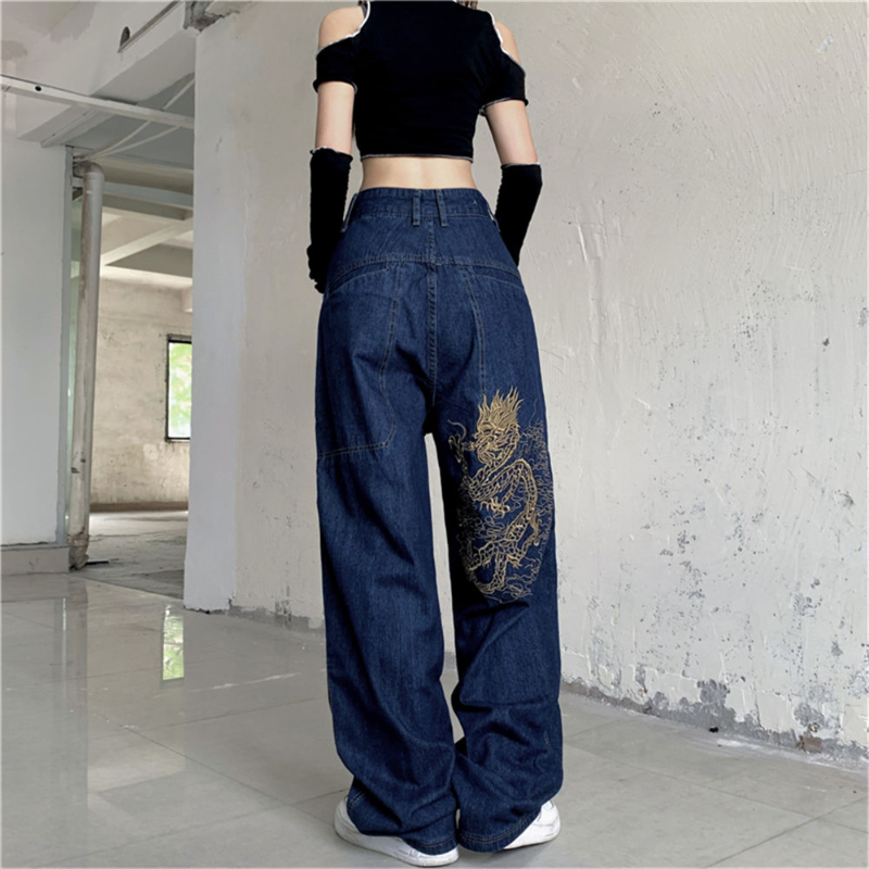 Женские прямые джинсы в американском стиле ретро, уличные свободные джинсы с вышивкой, новинка 2021, повседневные универсальные брюки с высок...