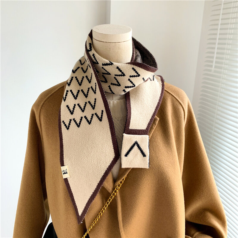 Luxury Soft Cashmere Knitted Scarf for Women Design Print Small Skinny Neck Tie Female Woolen Yarn Elasticity Kerchief Bandana