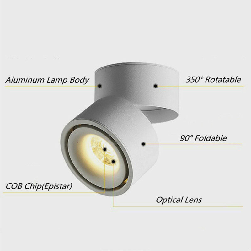 Диммируемый Светодиодный точечный светильник COB с поверхностным креплением, светодиодный потолочный светильник 10W12W15W18W, складной, с поворо...