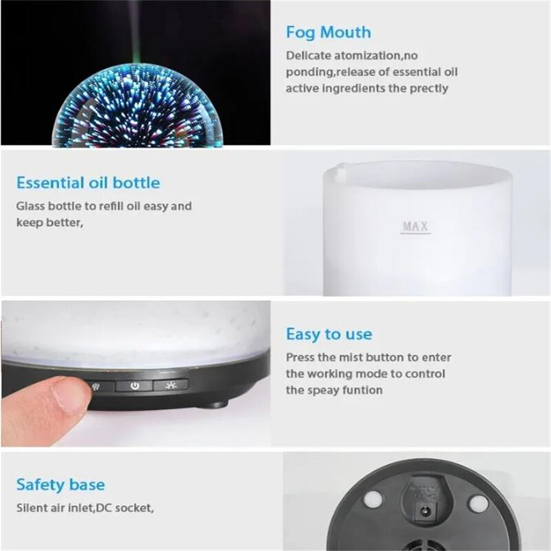 3D Glass Oil Diffuser 200Ml Premium Ultrasonik Aromaterapi Humidifier dengan Menakjubkan LED Malam Lampu Waterless Auto Shut Off