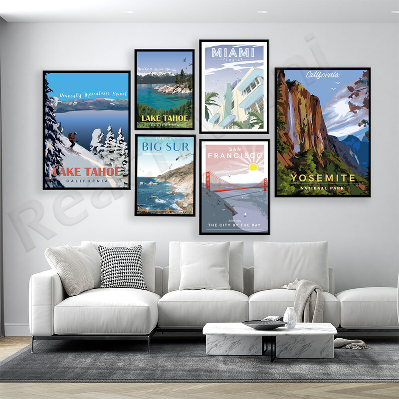 Lake tahoe paradise resort de esqui, golden gate bridge são francisco, califórnia, parque nacional de yosemite, miami poster de viagens